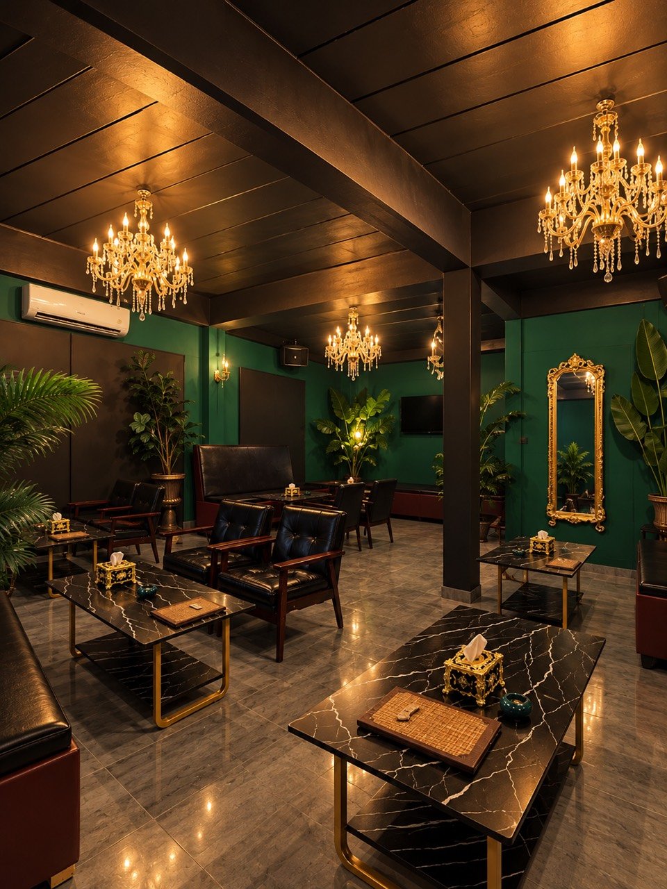Elegant green and gold private karaoke room at House of Belvedere