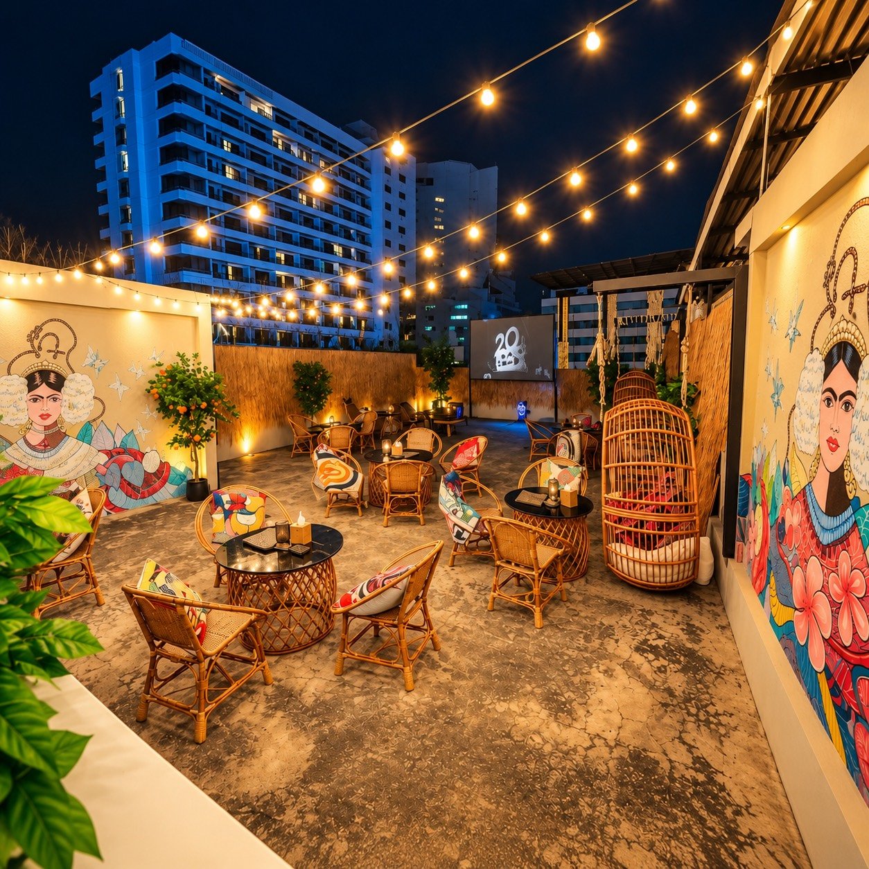 Open-air rooftop cinema with warm lights and seating at House of Belvedere